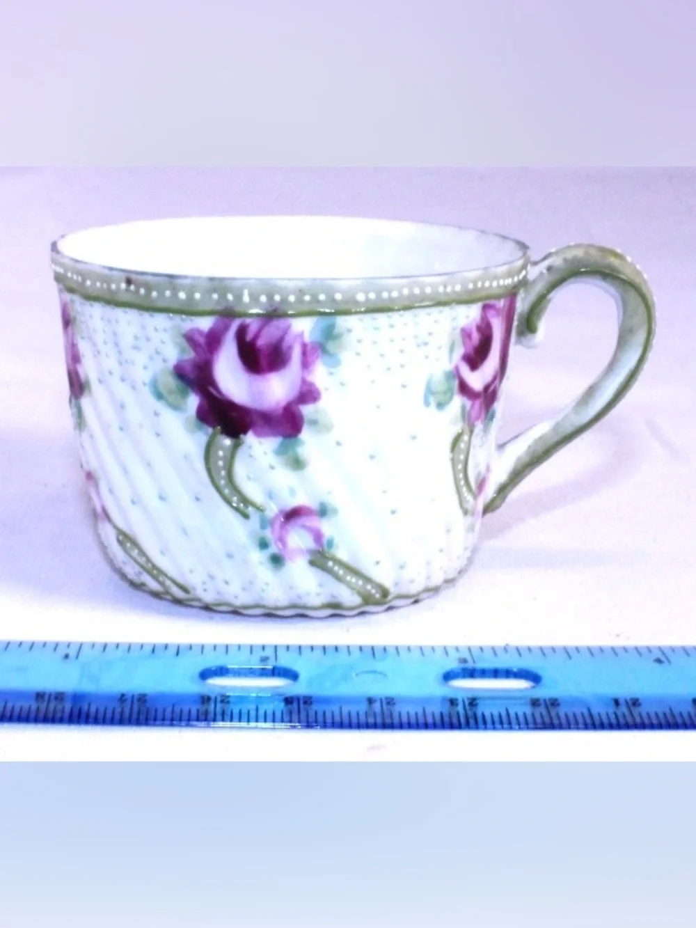 Vintage Hand-Painted Floral Teacup with Pink/Purple Roses - Green Trim